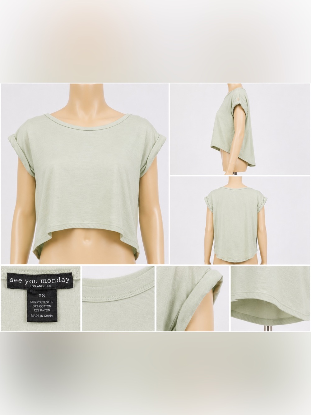 See You Monday Sage Green Relaxed Rolled Sleeve Crop Tee Size XS